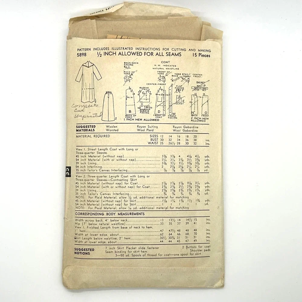 Advance‎ Vintage 1950's? Pattern #5898 Women's Coat Size 14 HTF